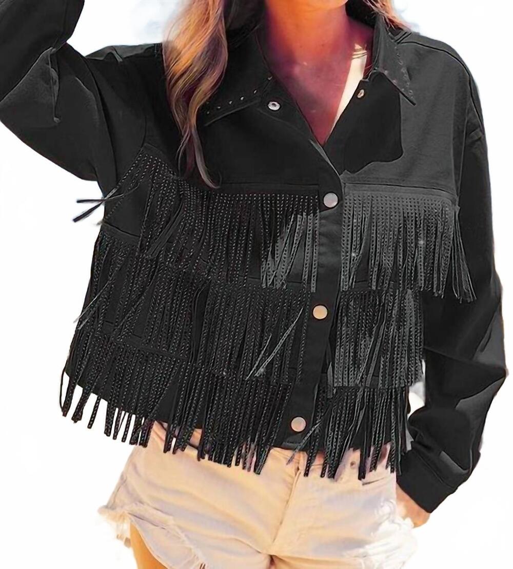 NEW BIBI rhinestone fringe studded jacket in black